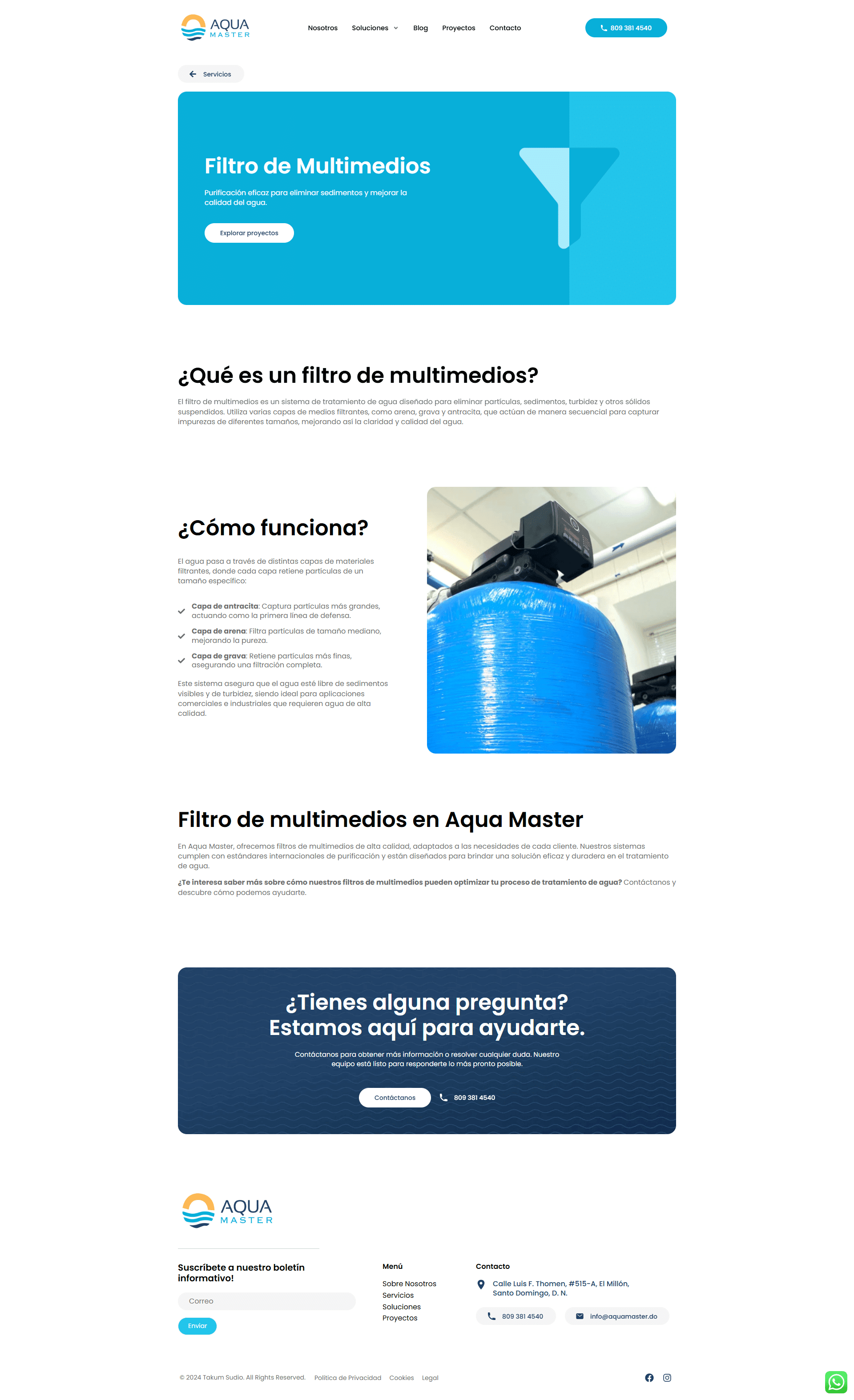 Vista del sitio de Aqua Master — diseño web por TAKUM
