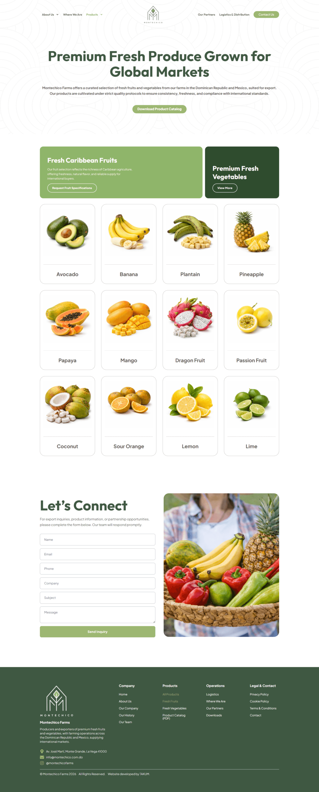 Catálogo de exportación de Montechico Farms — diseño web por TAKUM