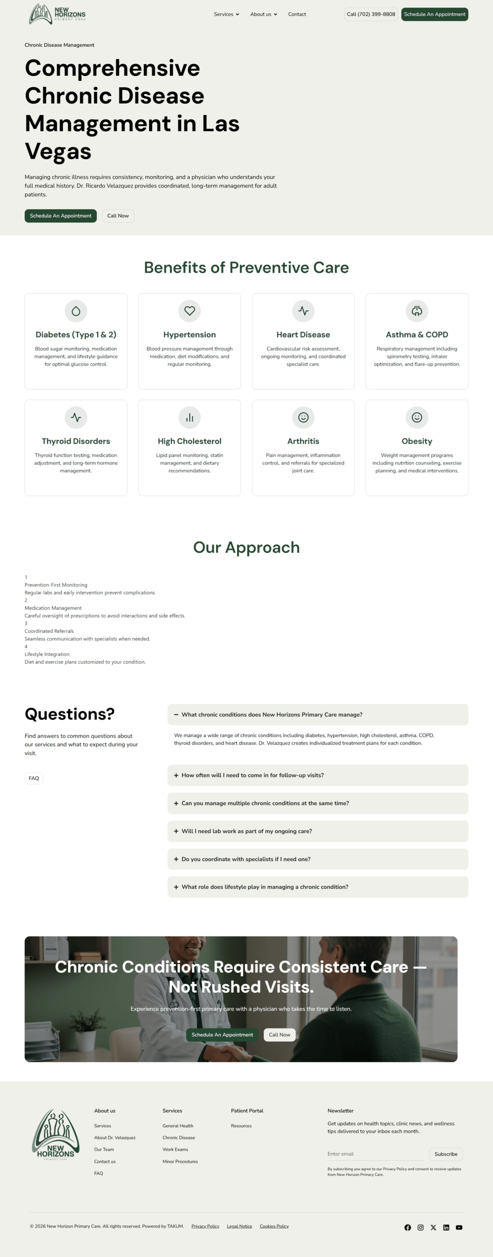 Vista del sitio de New Horizons Primary Care — diseño web por TAKUM
