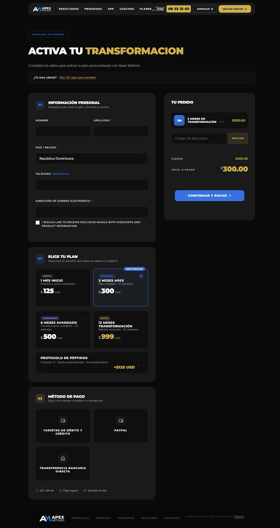 Activación del plan de Apex Method — diseño web por TAKUM