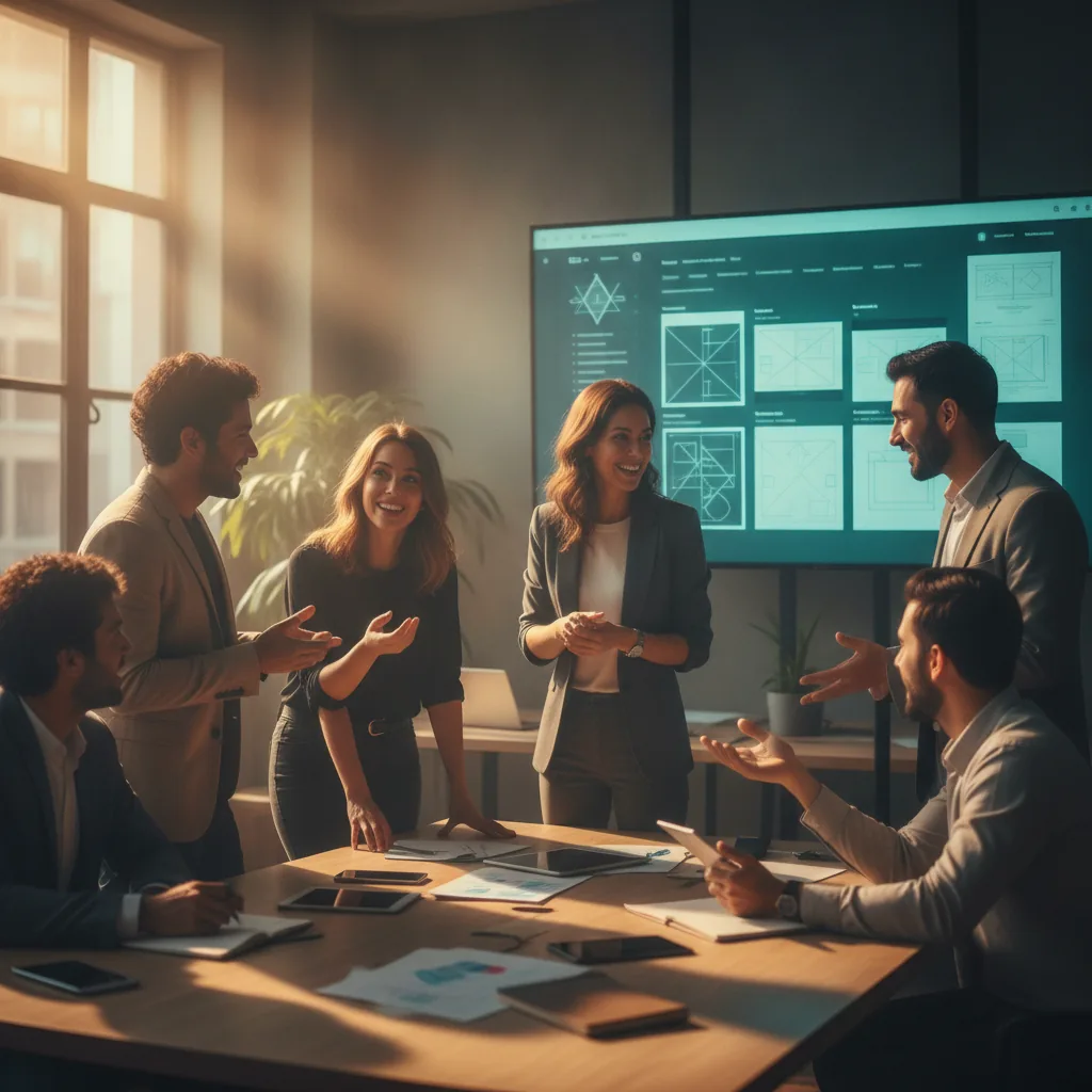 Equipo de una agencia de diseño web revisando maquetas de sitios en pantalla
