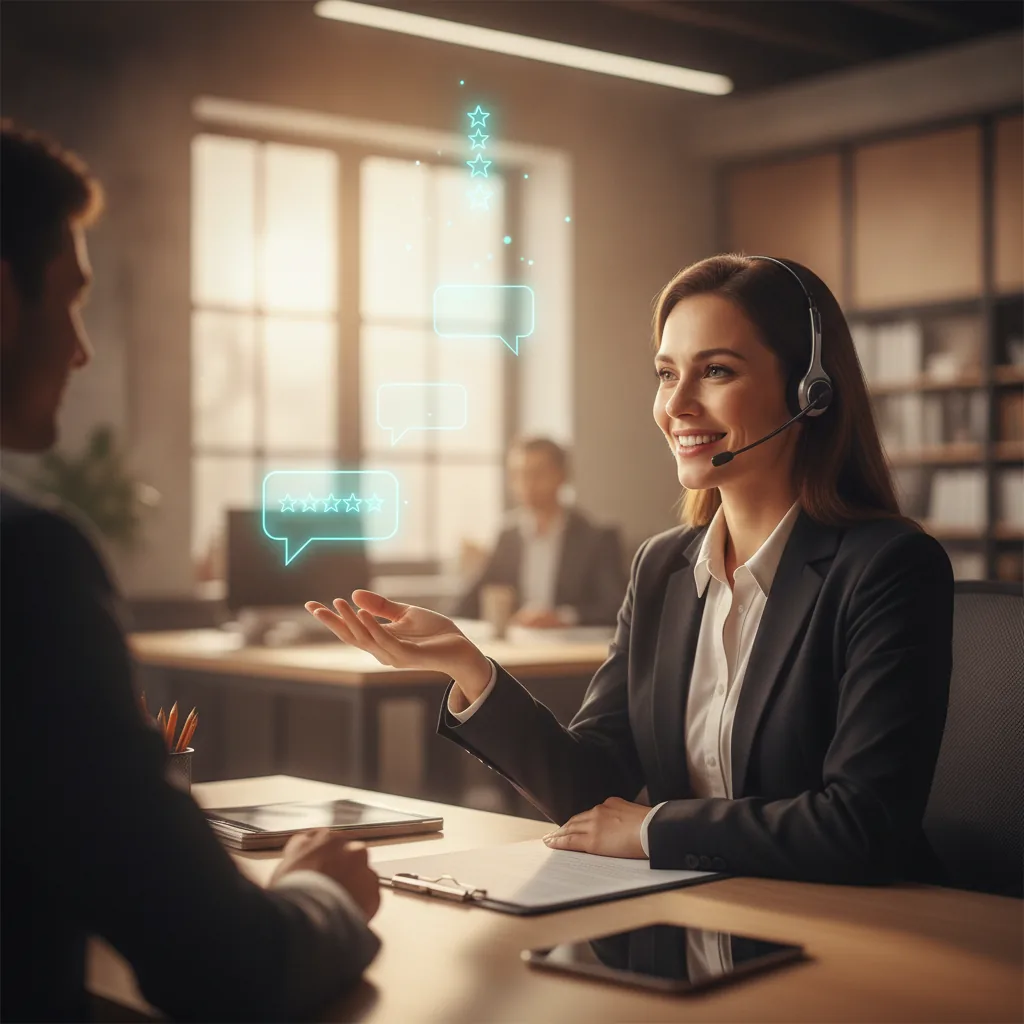 Atención al cliente: profesional atendiendo consultas con mensajes y valoraciones