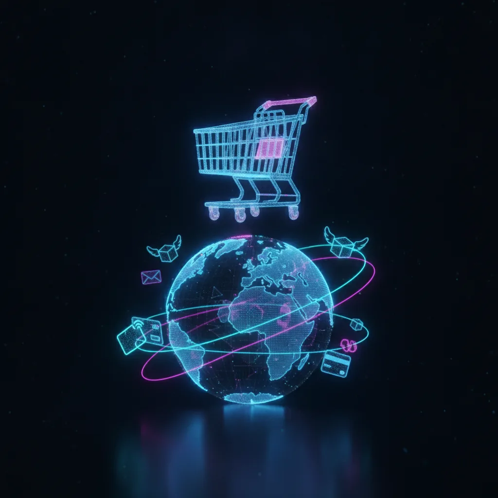 Comercio electrónico: carrito holográfico sobre un globo con paquetes y pagos