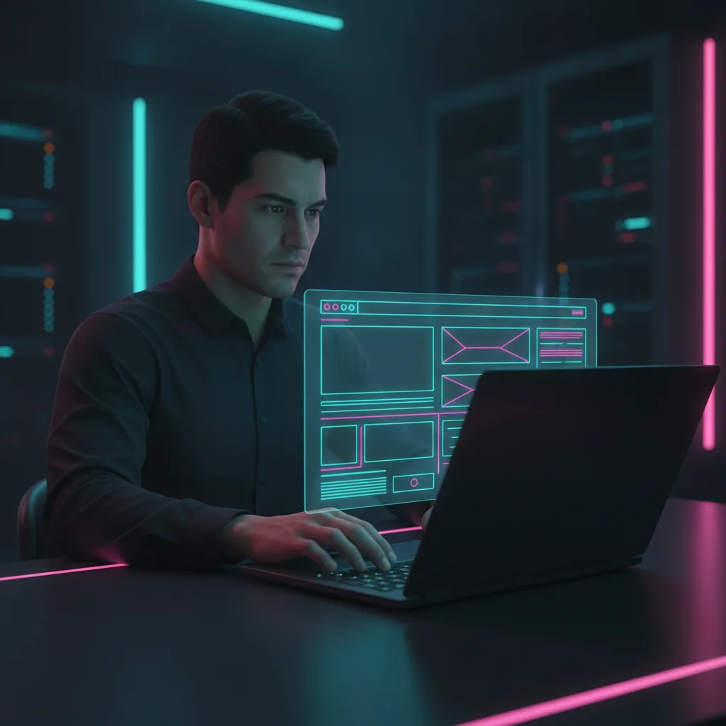 Cómo crear una página web: emprendedor construyendo un sitio con paneles holográficos de diseño