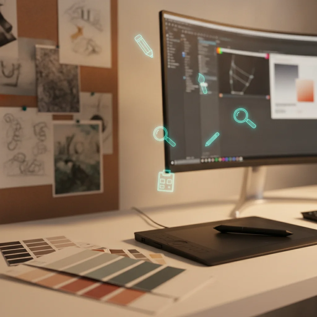 Escritorio de estudio de diseño gráfico en Puerto Rico con paleta de colores y mockups de marca