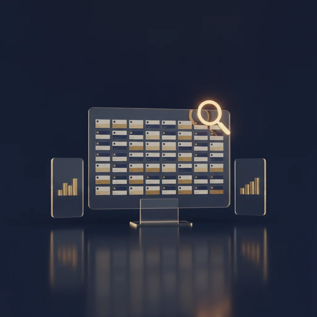Google Ads Transparency Center: monitor 3D con grid de anuncios y lupa dorada