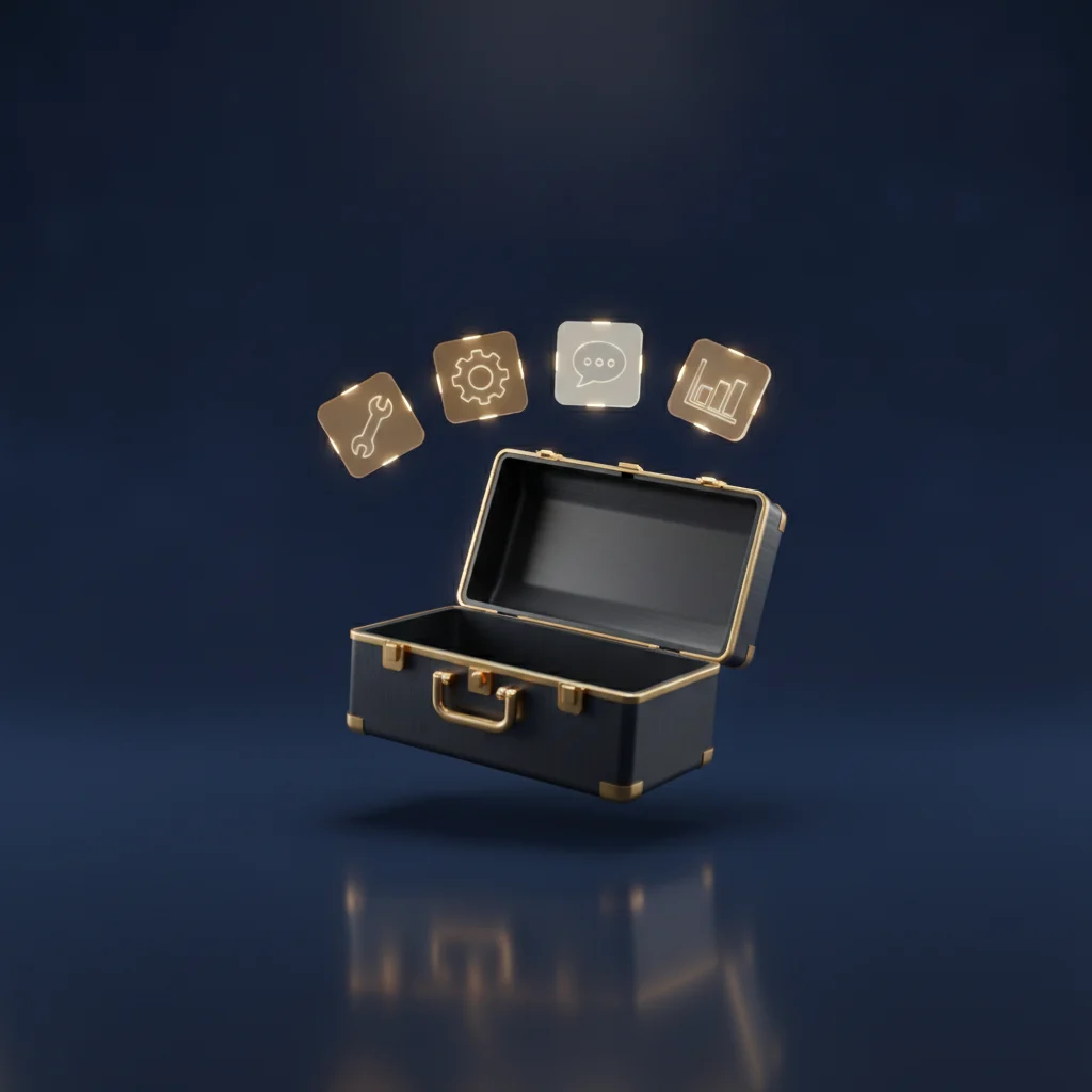Herramientas de marketing digital: caja de herramientas 3D con iconos dorados