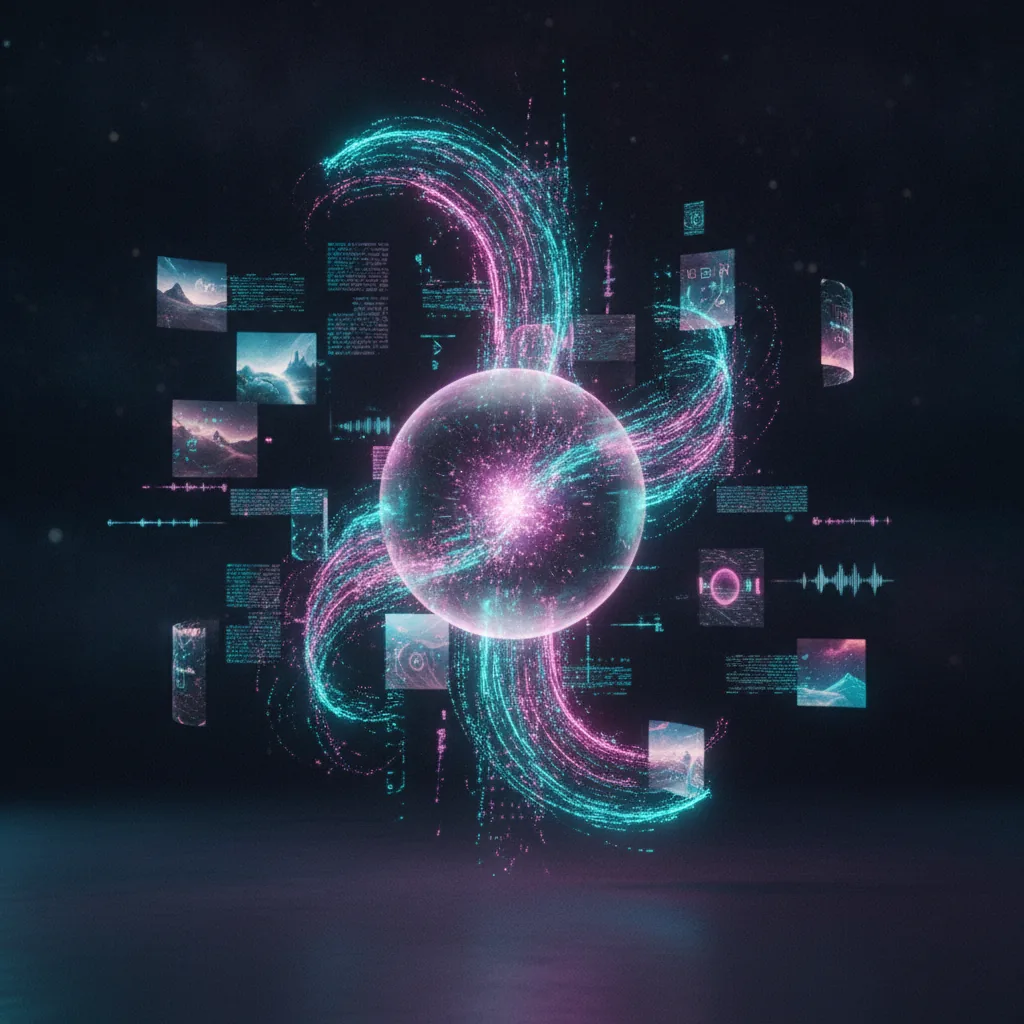 IA generativa: esfera holográfica creando texto, imágenes y video