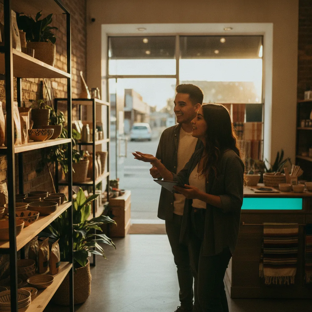 Ideas de negocio: emprendedores montando su tienda con tablet en mano
