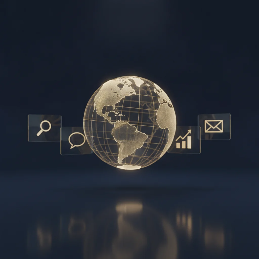 Qué es marketing digital: globo digital con iconos de canales de marketing digital
