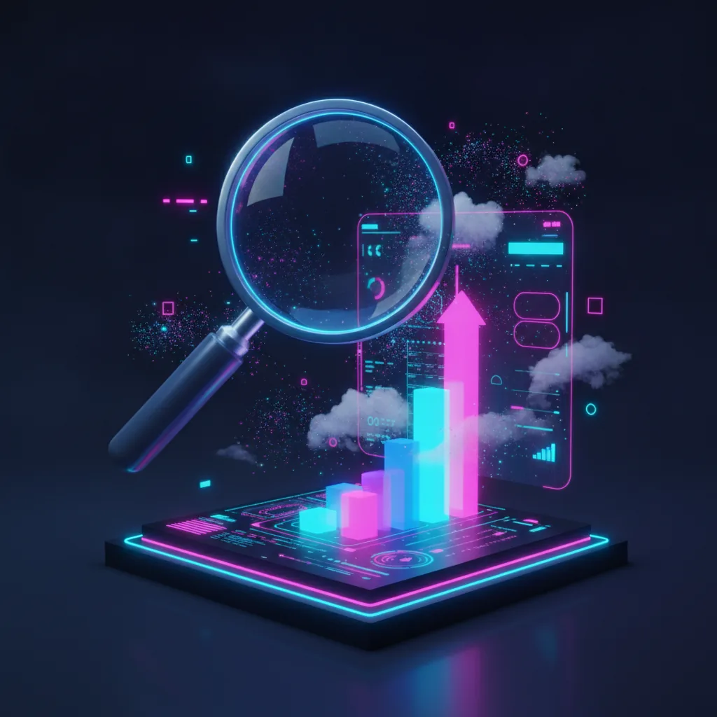 Qué es el SEO: lupa holográfica sobre resultados de búsqueda con posiciones subiendo