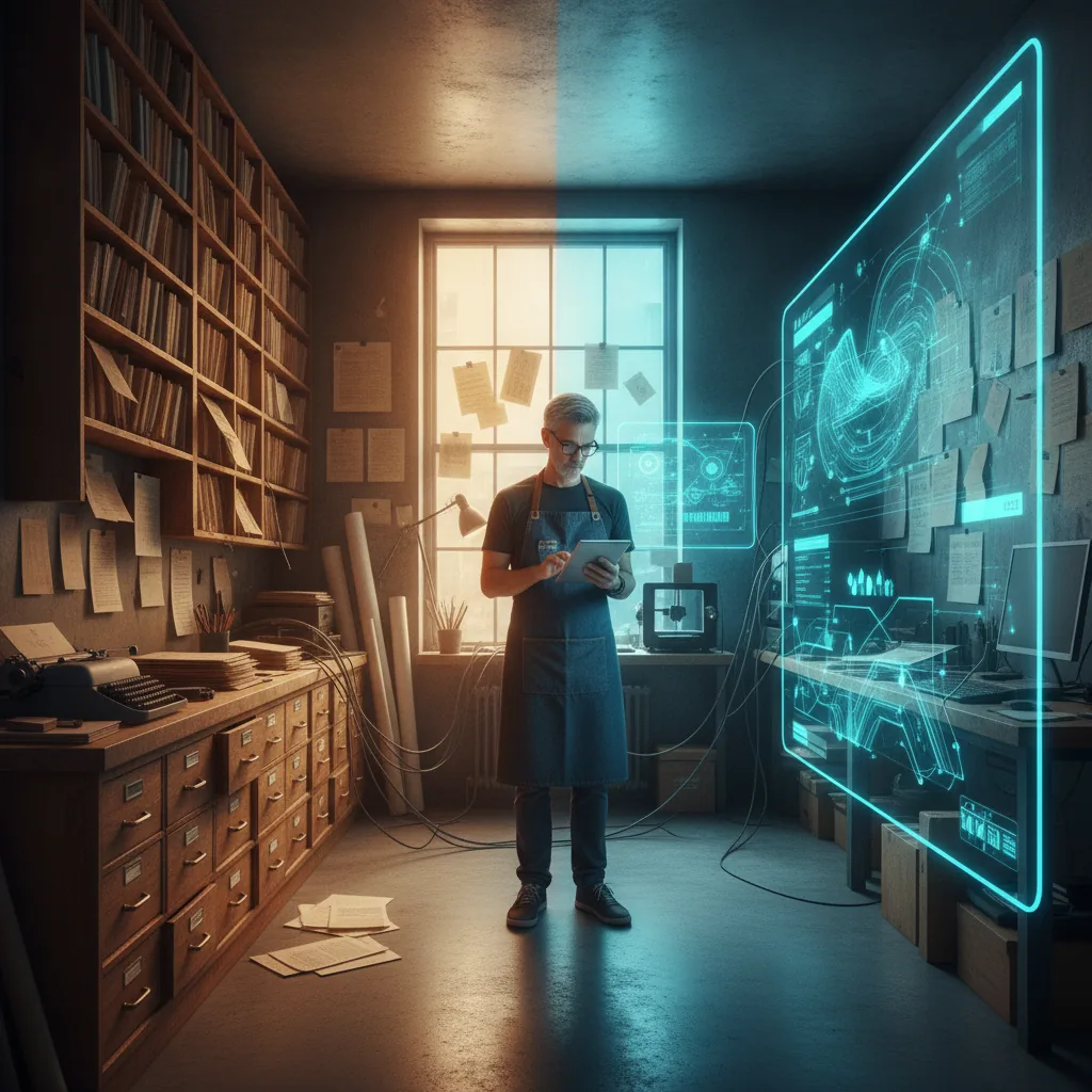 Transformación digital: negocio pasando de archivos en papel a sistemas digitales