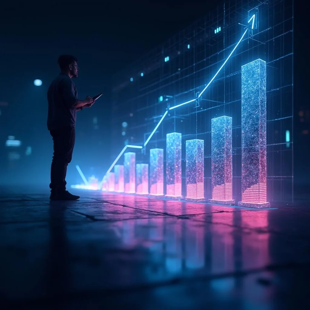 Grafico holografico de benchmarking comparando el desempeno de varias empresas