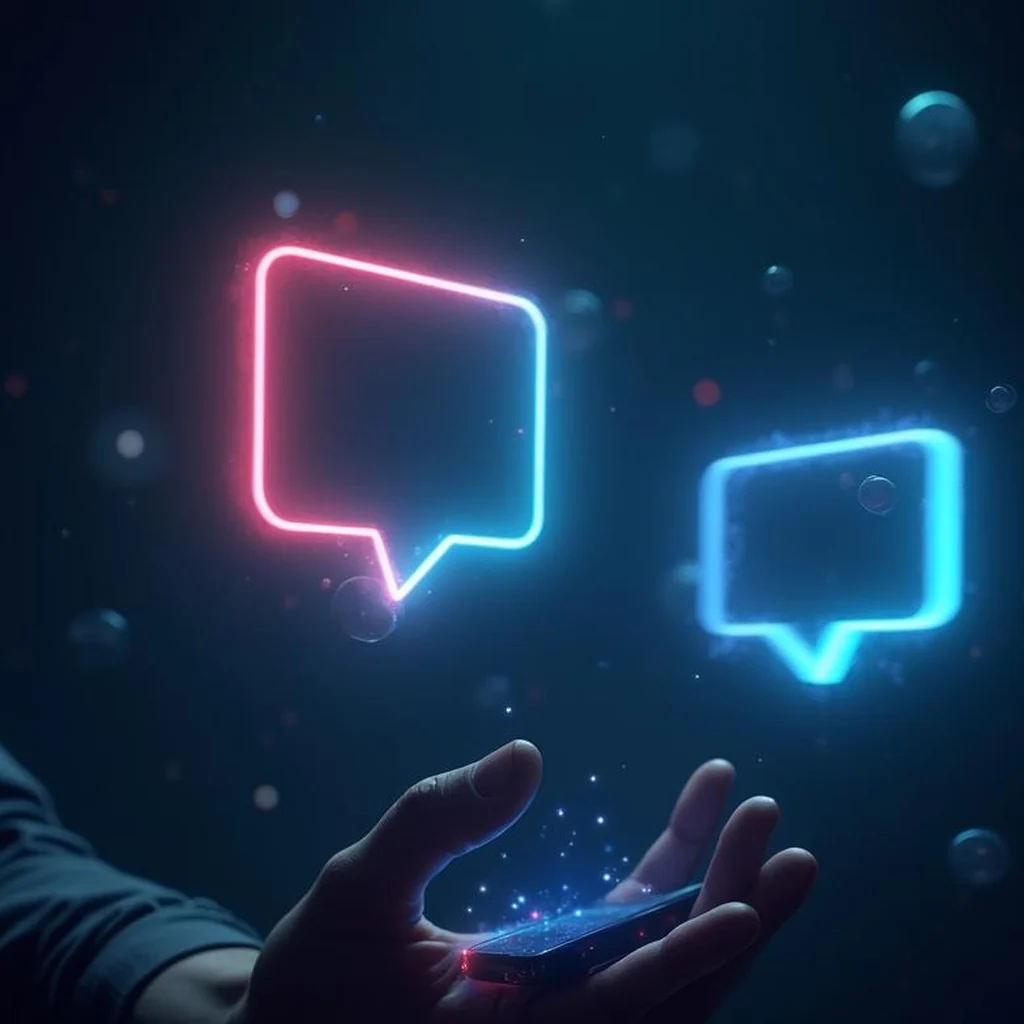 Dos globos de diálogo de neón flotando sobre la mano que sostiene un teléfono, símbolo del chat en vivo con clientes