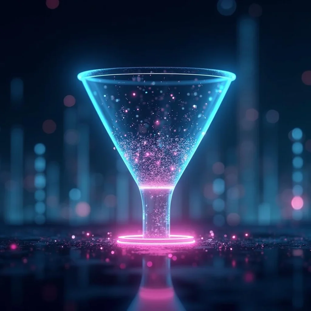 Embudo holografico con particulas de luz dispersandose, representando el churn rate o fuga de clientes