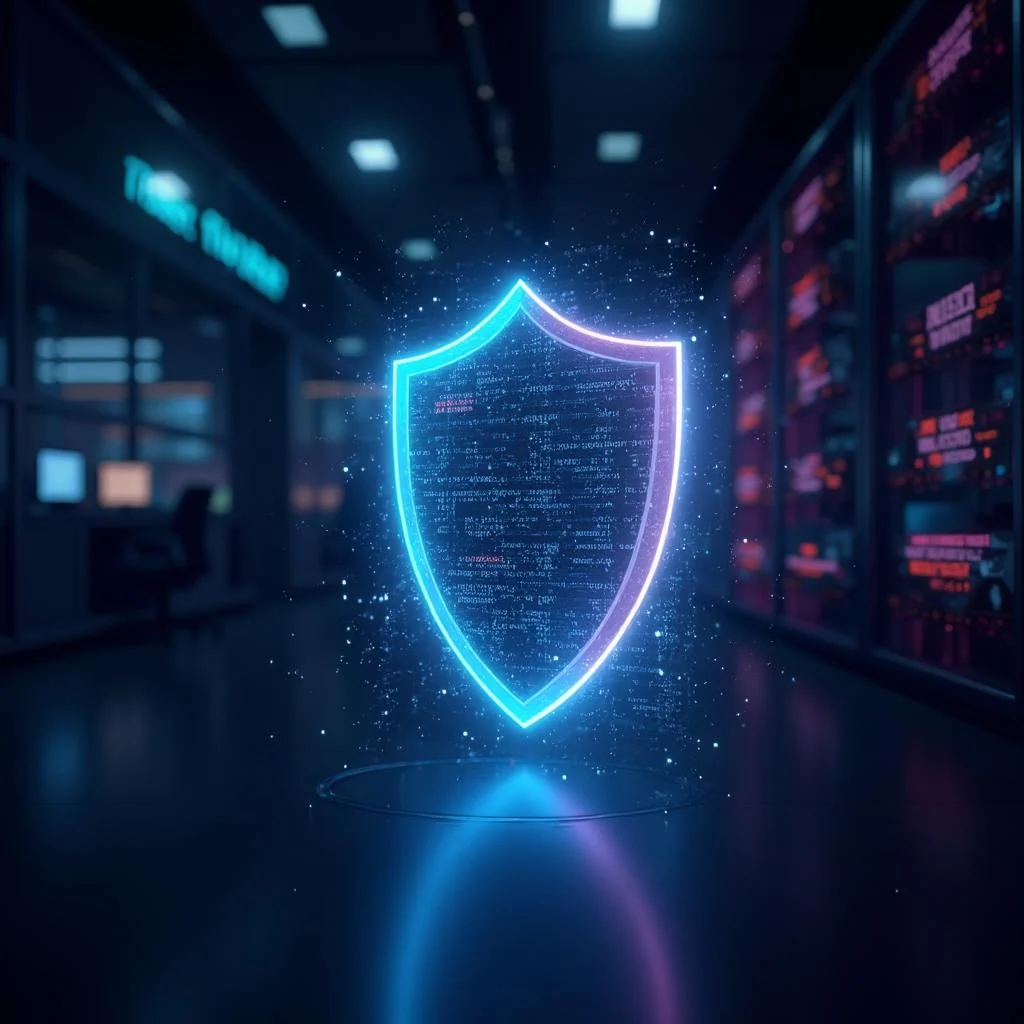 Escudo digital protegiendo el sitio web y los servidores de un negocio, representando ciberseguridad