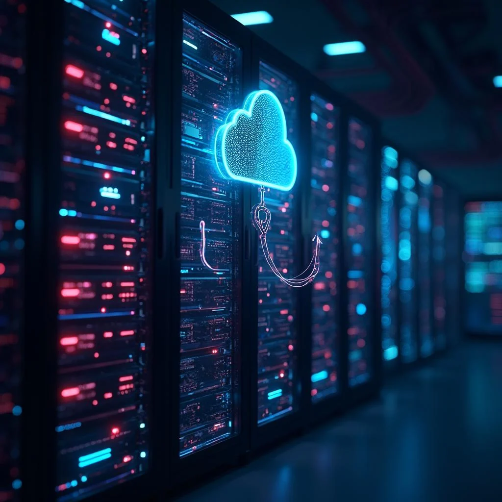 Servidores y nube brillante representando la copia de seguridad de una pagina web