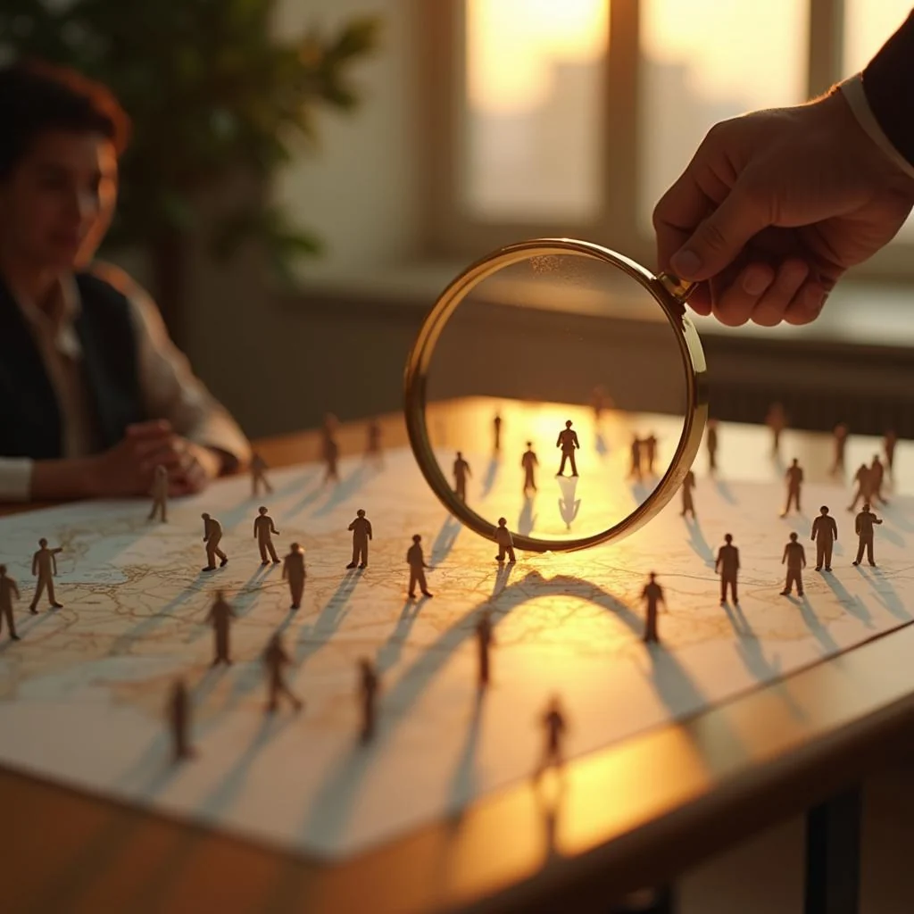 Mano con una lupa que observa grupos de figuras en miniatura sobre un mapa, metáfora de un estudio de mercado
