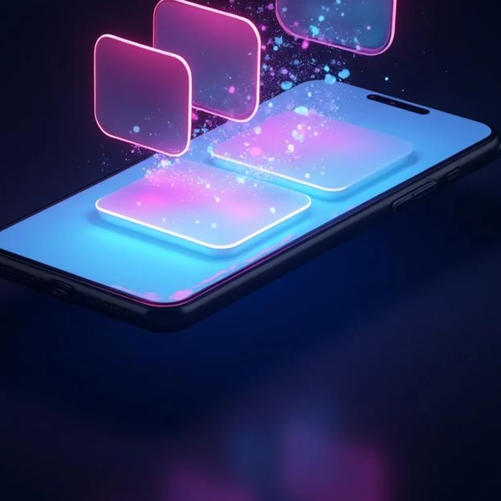 Teléfono móvil del que salen tarjetas de luz en forma de feed, representación de Google Discover