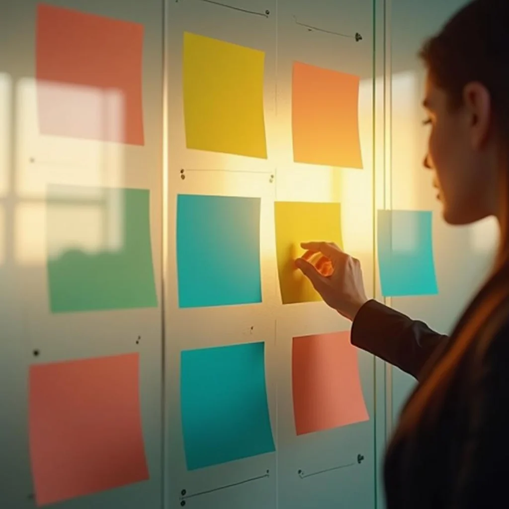 Mujer colocando notas adhesivas de colores en una pared de vidrio dividida en bloques, como al llenar un modelo de negocio canvas