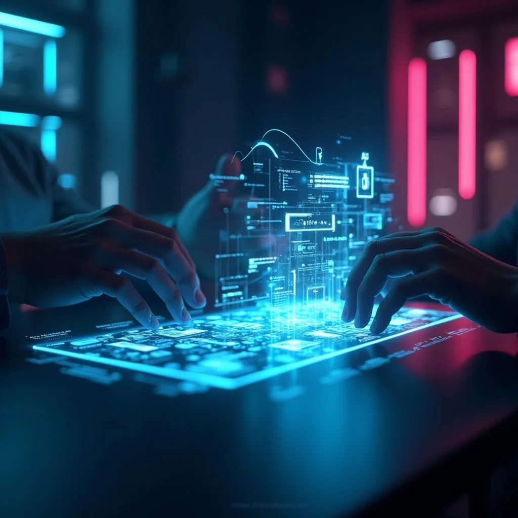 Interfaz holografica de instrucciones siendo ajustada, representando el prompt engineering