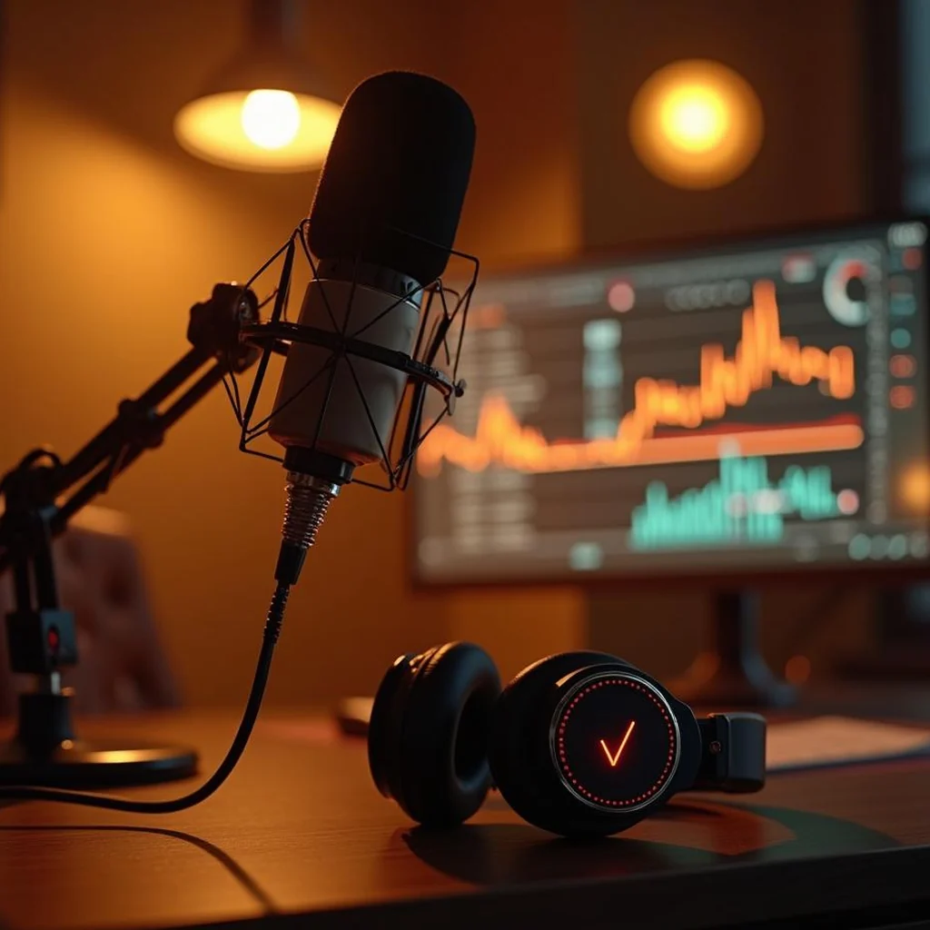 Micrófono de estudio y audífonos en un escritorio con luz cálida, el equipo con el que se graba un podcast