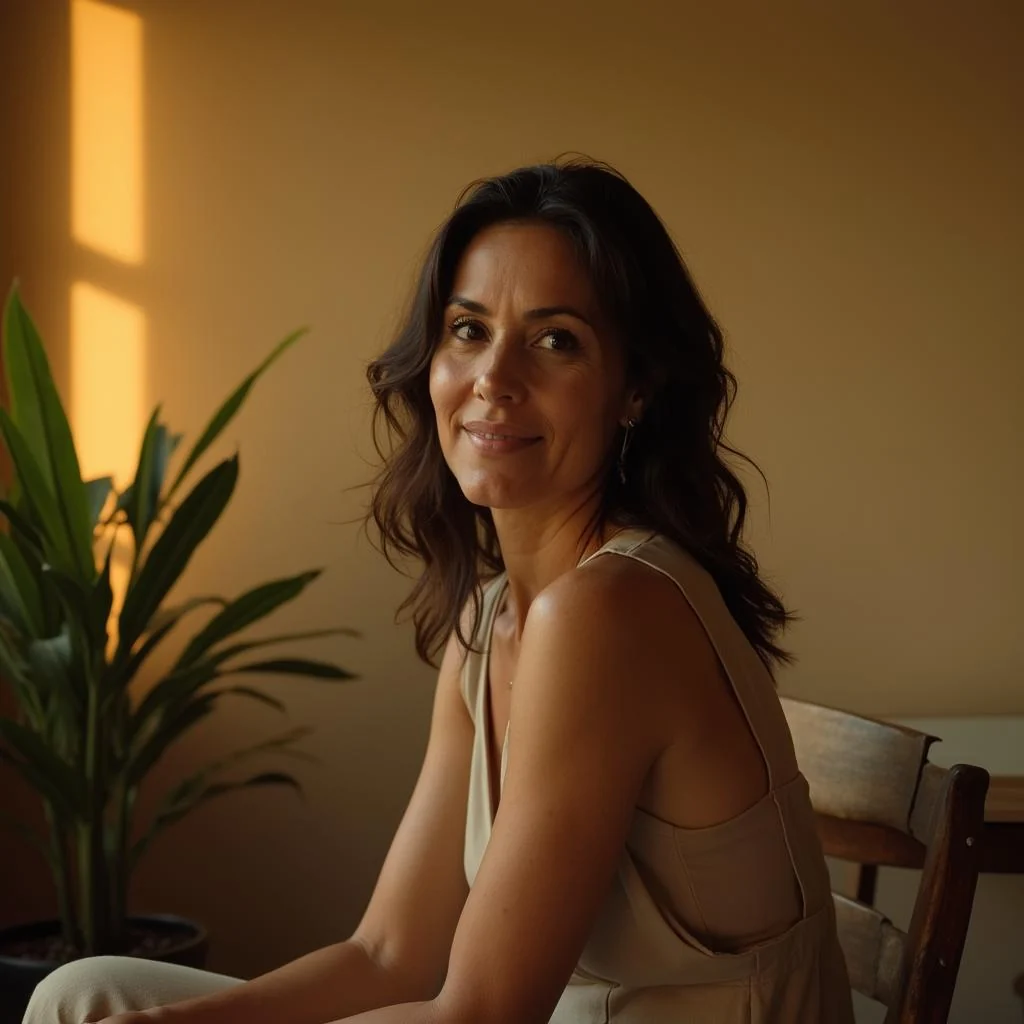 Retrato de una mujer sentada junto a una planta con luz cálida de ventana, imagen sobre cómo construir una marca personal