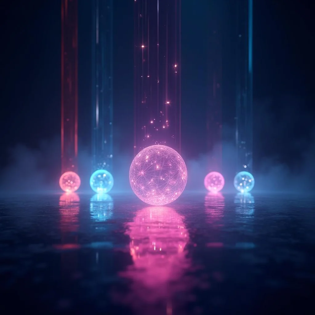 Esferas de luz alineadas bajo columnas de luz azul y magenta sobre un suelo reflectante, imagen abstracta sobre omnicanalidad
