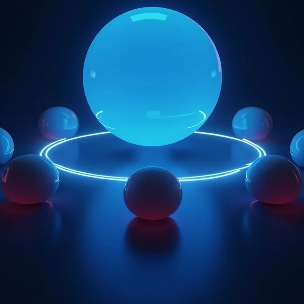 Esfera central de luz azul rodeada por seis esferas pequeñas sobre un anillo luminoso, imagen que ilustra qué es un ERP
