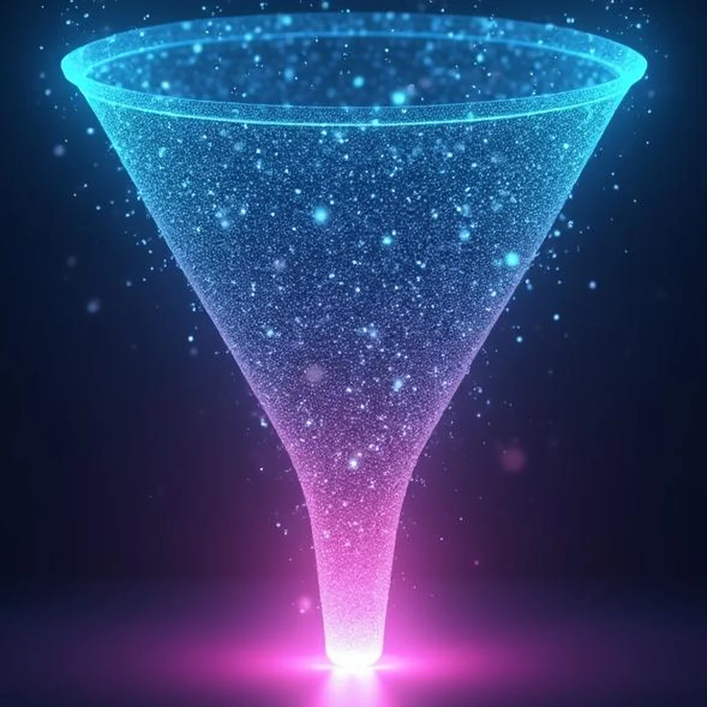 Embudo formado por partículas de luz cian que convergen en un punto magenta, imagen que ilustra qué es un lead