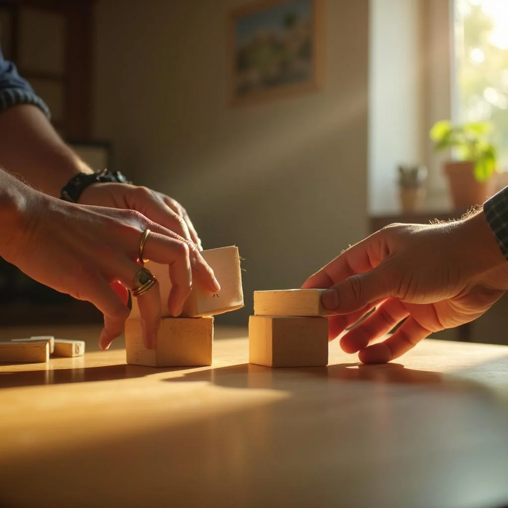 Dos manos montando un prototipo de bloques de madera sobre una mesa con luz cálida, imagen sobre qué es un MVP