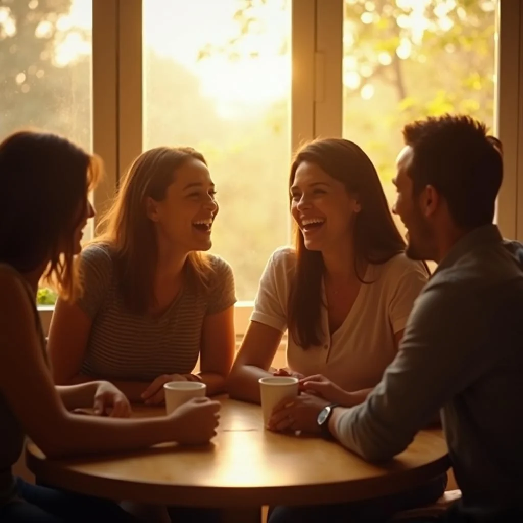 Cuatro jóvenes conversando y riendo alrededor de una mesa a contraluz, imagen sobre qué es una startup